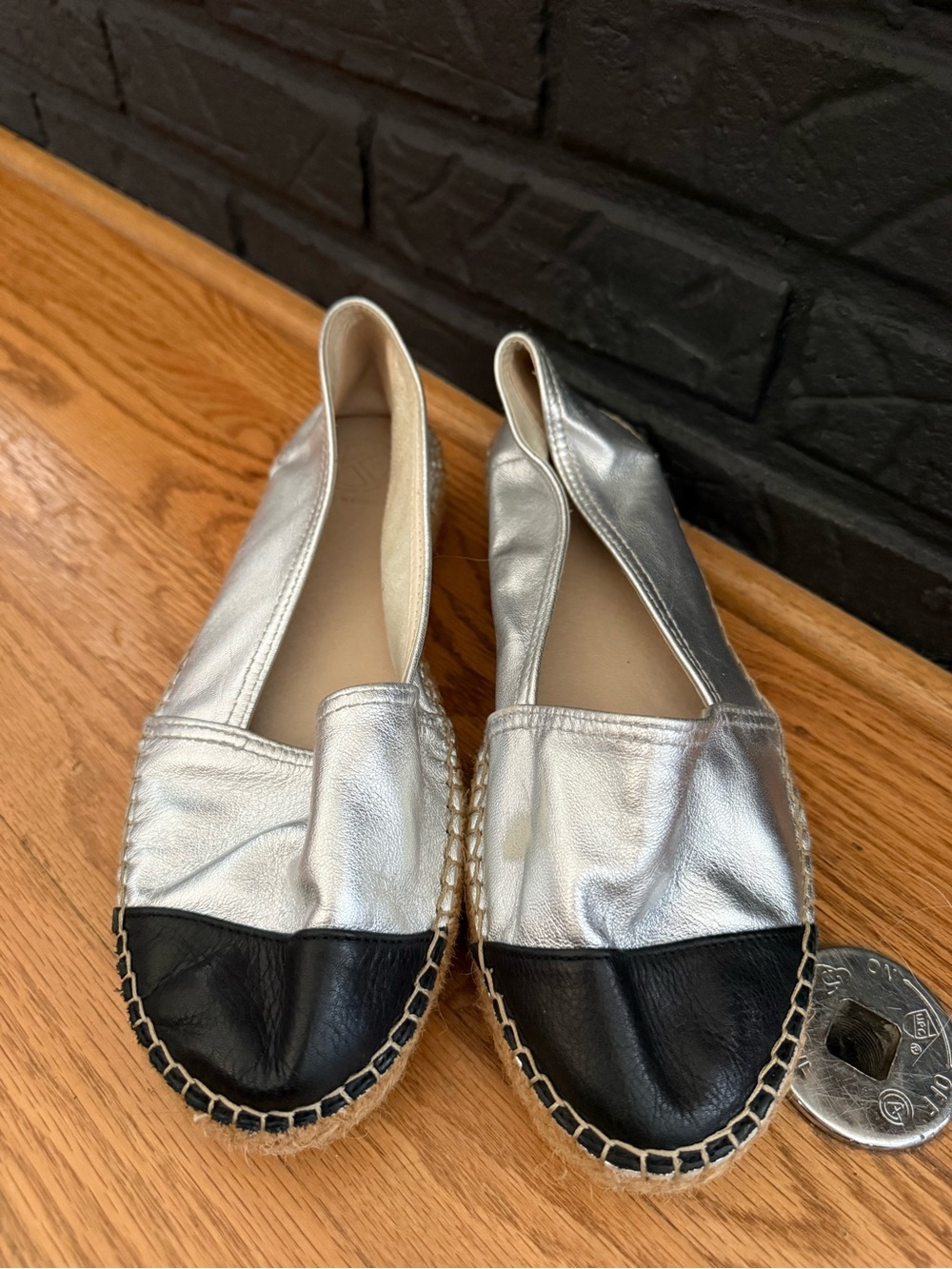 Kurt Geiger Silver and Black Leather Espadrille Slip-On Flats